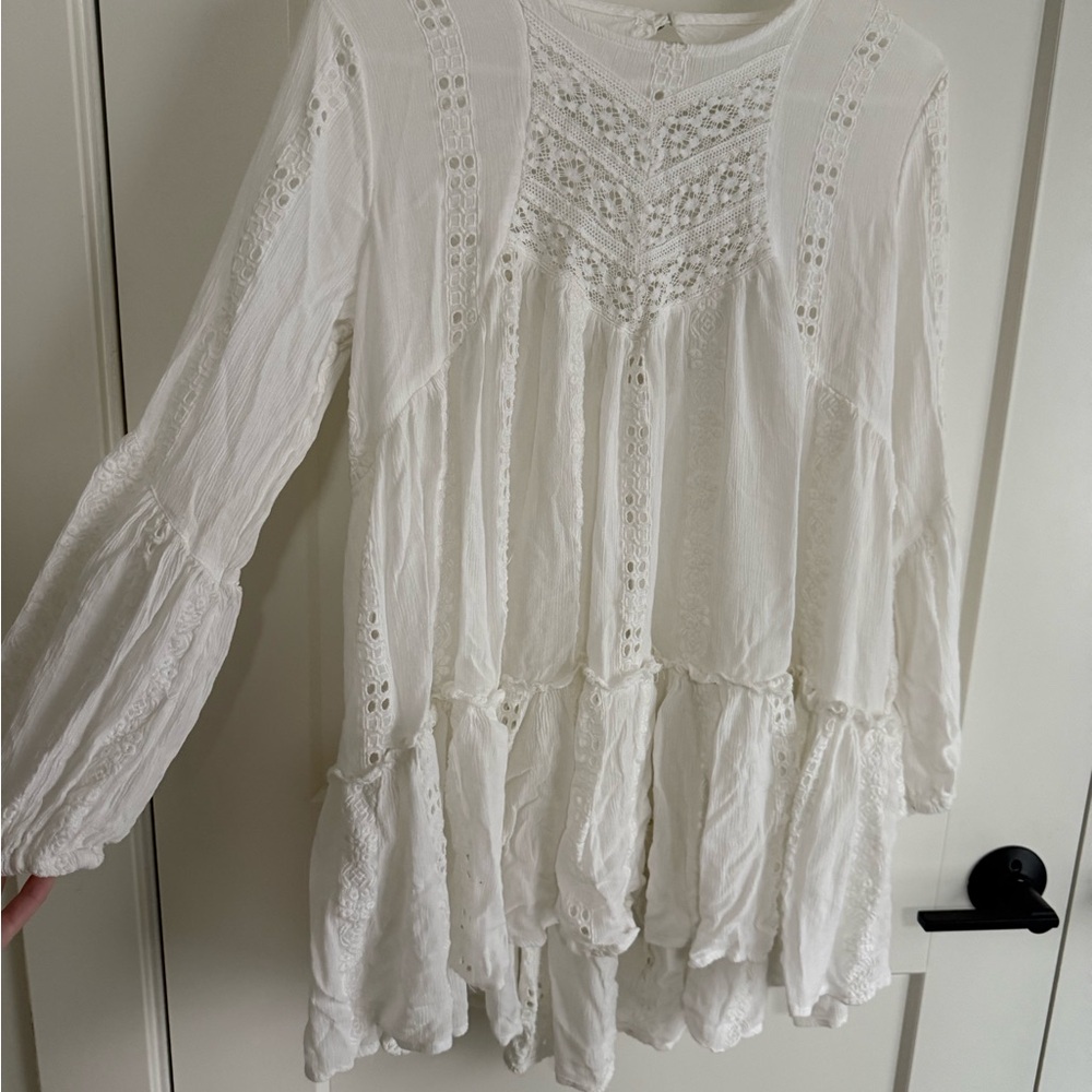 Free People Cream Long Sleeve Ruffled Tunic